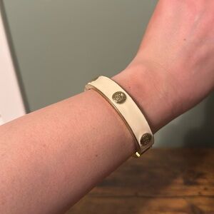 Vintage Enamel and Silver Hinged Bangle Bracelet, Cream, Silver Emblems, Retro